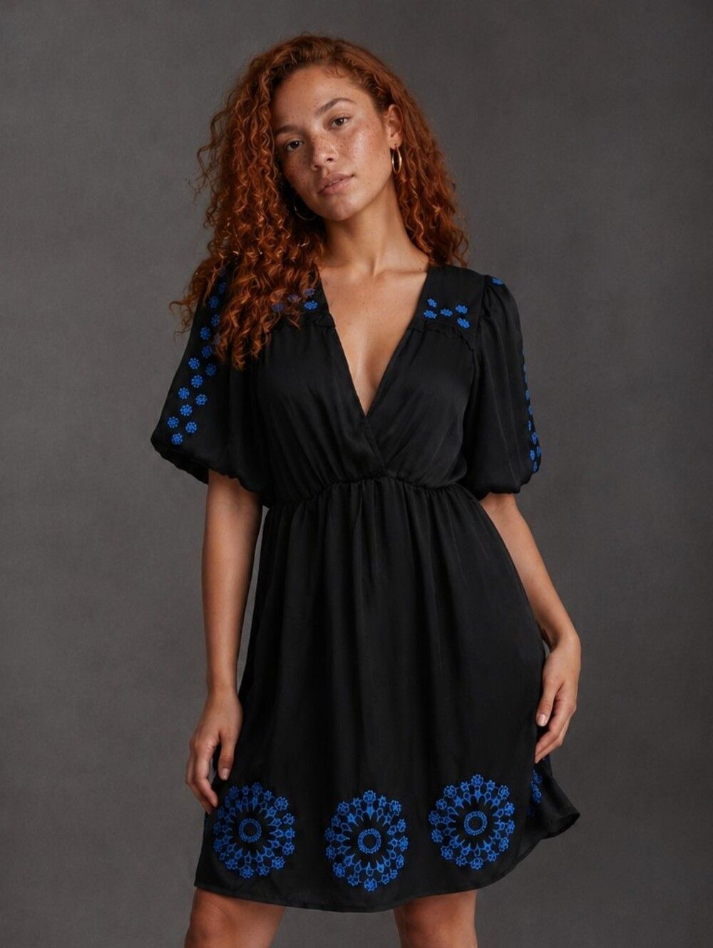Women's Midi Dress Bubble Sleeve Floral Embroidery Black & Blue Dressy